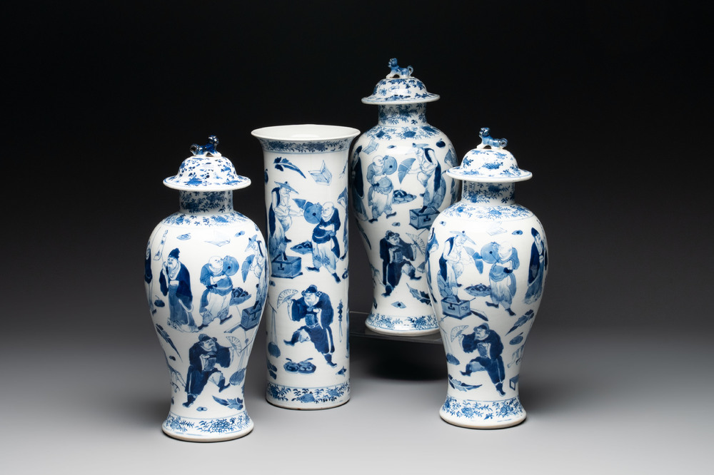 A Chinese blue and white garniture of four vases with figural design, Kangxi mark, 19th C.