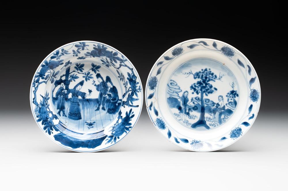 A Chinese blue and white 'Sense of Smell' plate and an 'Amorous Shepherds' plate, Kangxi