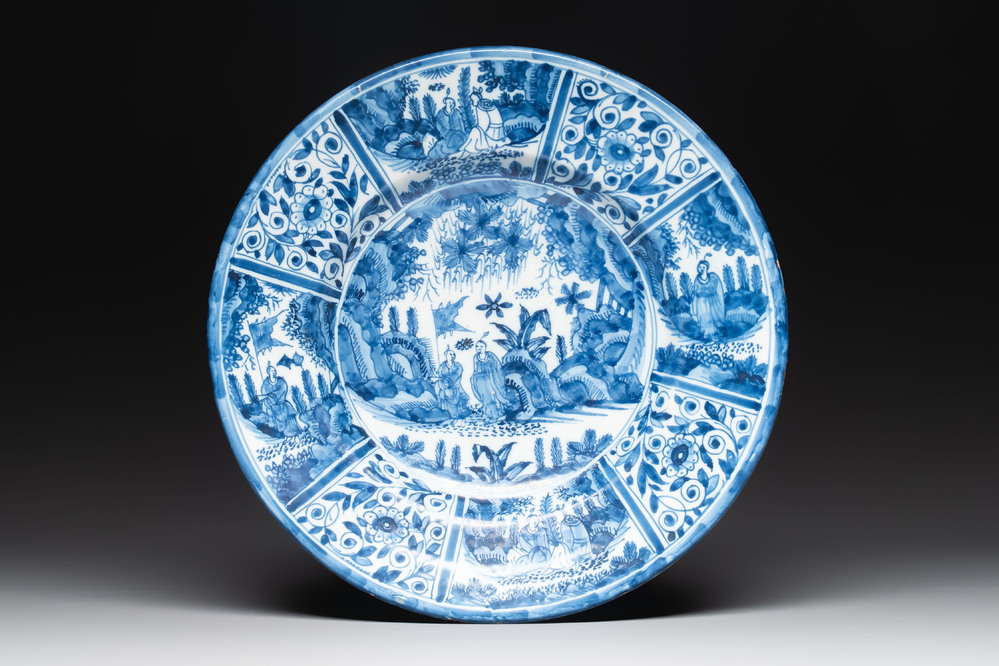 A blue and white Dutch Delft chinoiserie dish, 17th C.