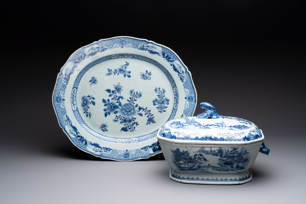 A Chinese blue and white covered tureen and a serving dish, Qianlong