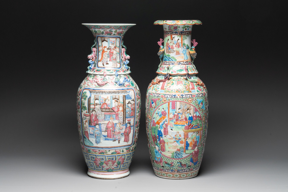 Two Chinese Canton famille rose vases with narrative design, 19th C.