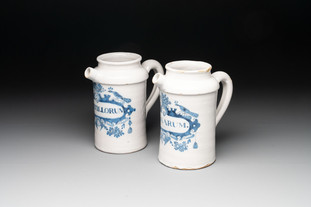 A rare pair of blue and white Dutch Delft albarello-shaped wet drug jars, early 18th C.