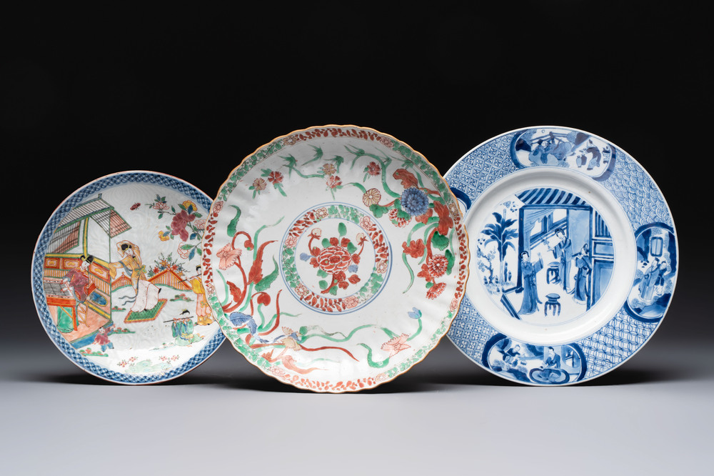 A Dutch-decorated Chinese plate, an Imari-verte dish and a blue and white dish, Kangxi/Yongzheng