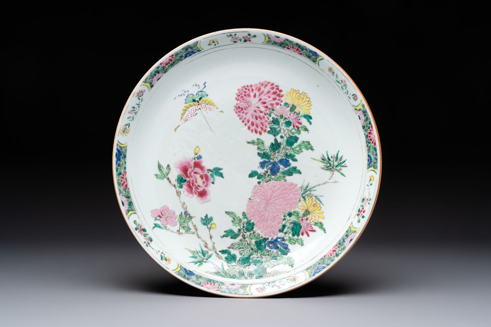 A Chinese famille rose 'butterfly among flowers' dish, Yongzheng
