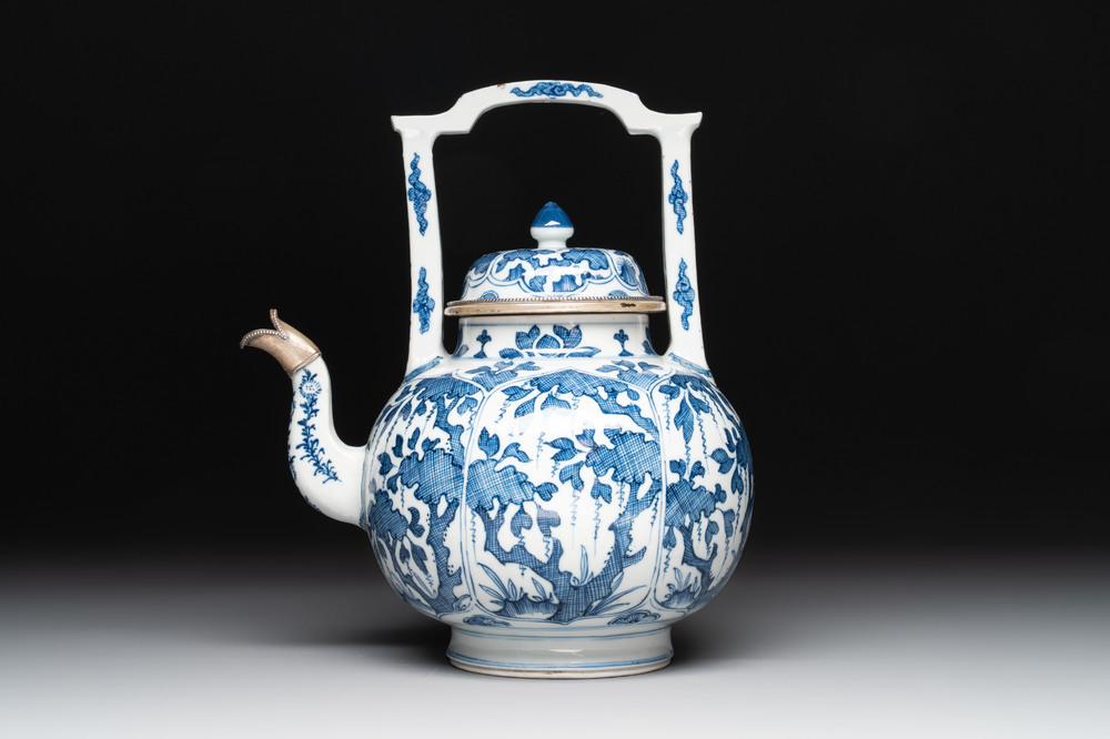 A Chinese blue and white silver-mounted wine pot, Kangxi