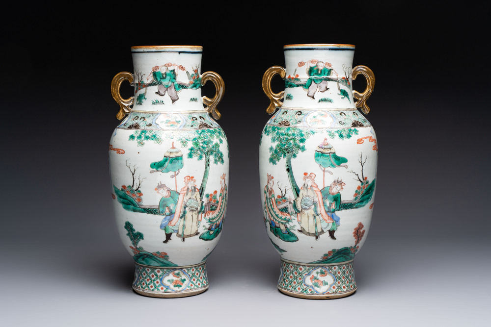 A pair of Chinese famille verte vases with narrative design, 19th C.