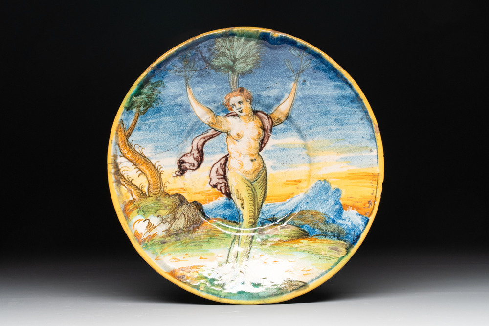 An Italian maiolica 'Daphne' plate, Urbino, 16th C.