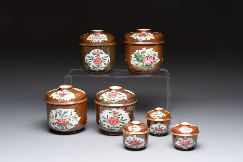 Seven Chinese famille rose capucin-brown-ground covered bowls, Qianlong