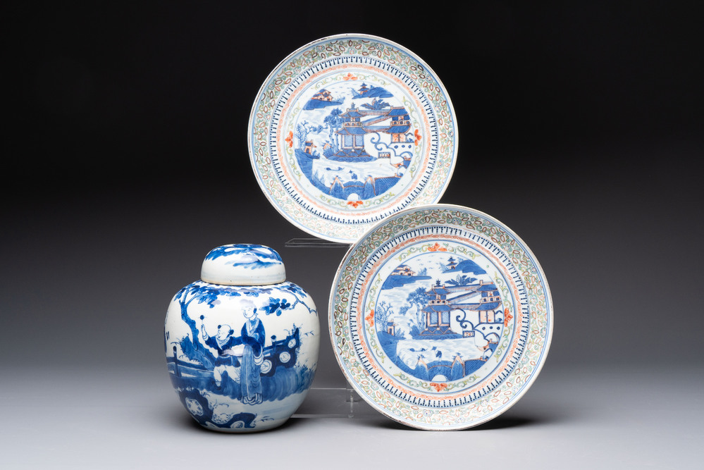 A pair of Chinese polychrome-decorated blue and white plates and a blue and white covered jar, Qianlong mark, 19th C.