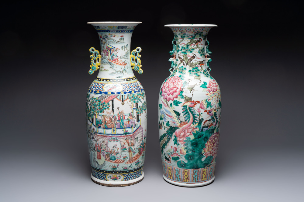 A Chinese famille rose vase with narrative design and a 'phoenixes' vase, 19th C.