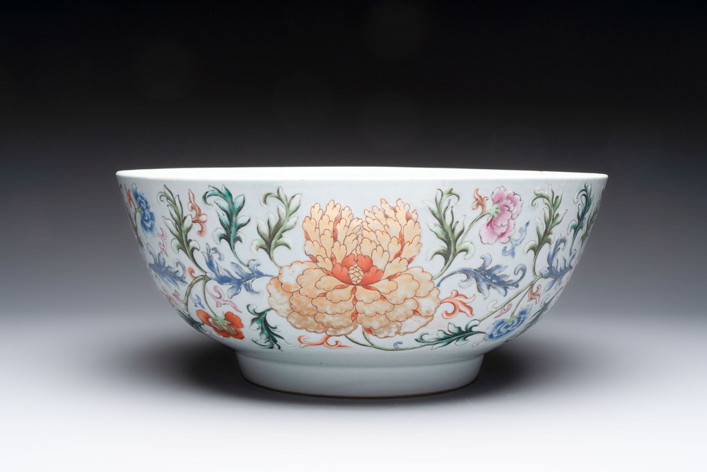 An unusual Chinese famille rose punch bowl with floral relief design, Qianlong