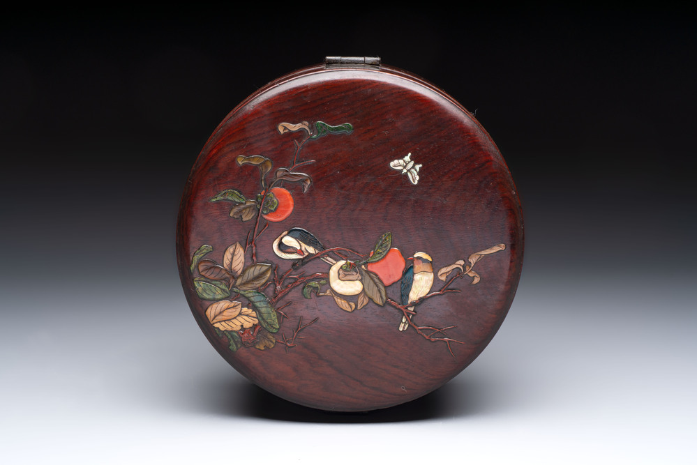 A Chinese hardstone and mother-of-pearl embellished huanghuali box, 19th C.