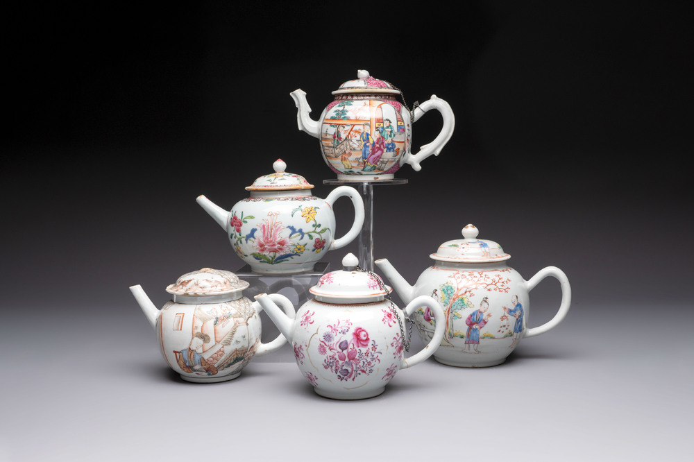 Five Chinese famille rose 'mandarin subject' and floral design teapots, Qianlong