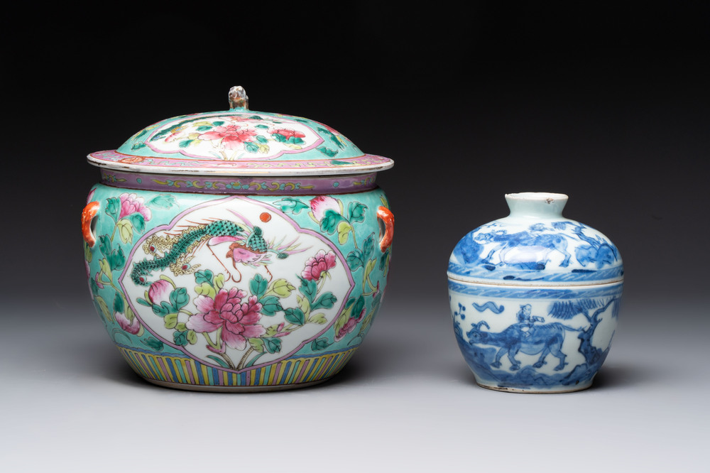A Chinese famille rose 'kamcheng' bowl and cover and a blue and white 'chupu' bowl and cover for the Straits or Peranakan market, 19th C.