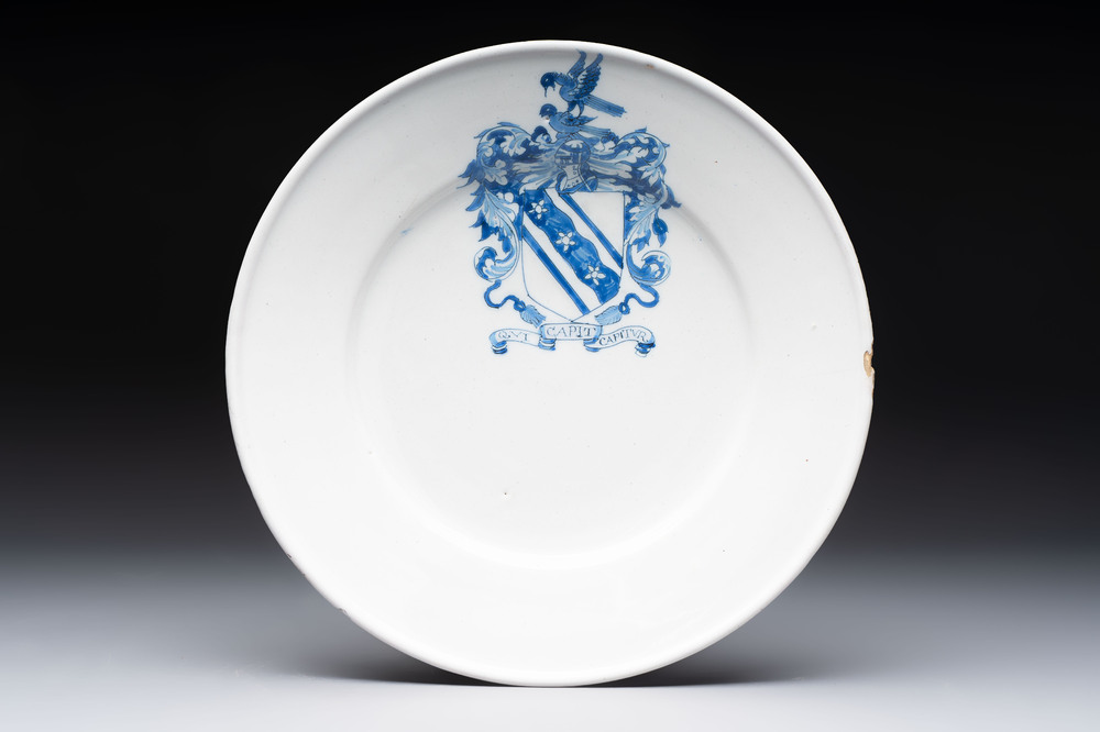A blue and white Dutch Delft armorial plate with the arms of White for the English market, late 17th C.
