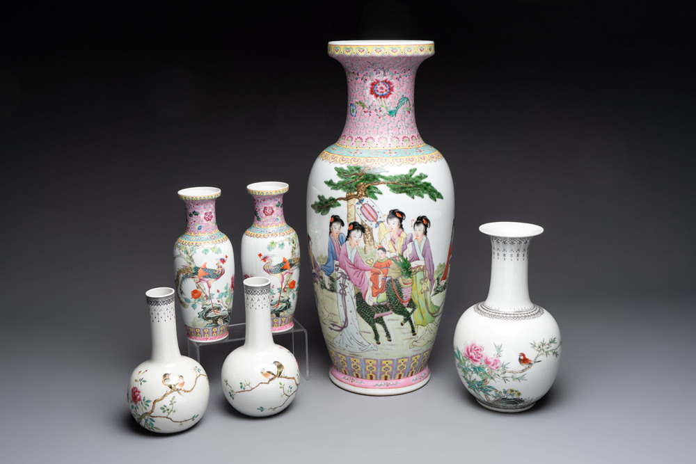 Six Chinese famille rose vases, 20th C.