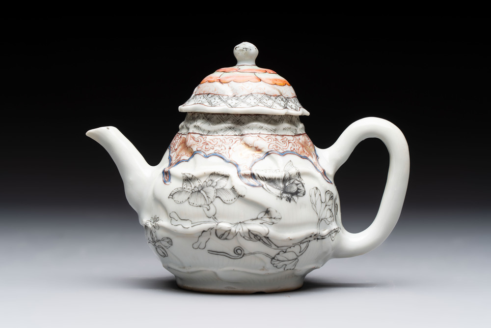 A Chinese rose-grisaille molded teapot with floral design, Yongzheng/Qianlong
