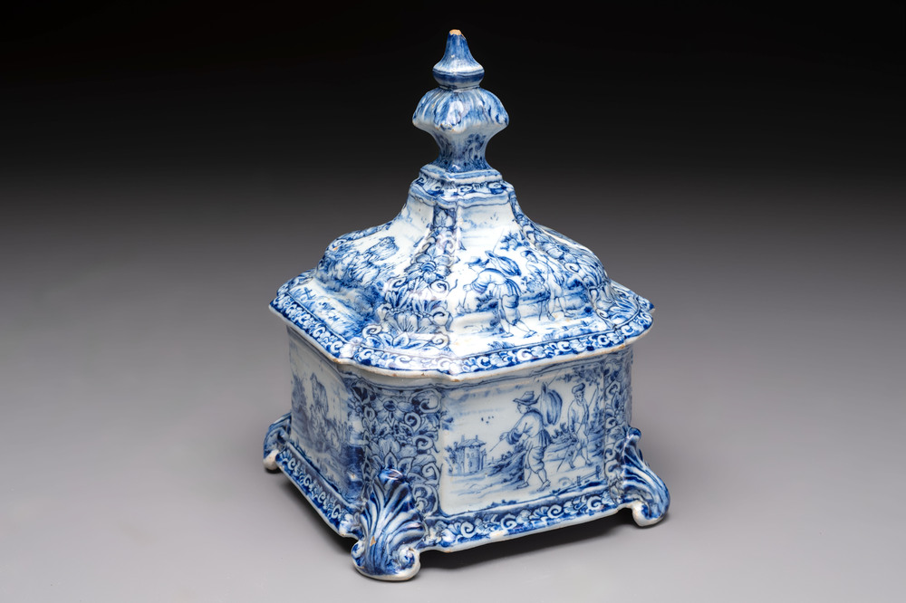 A blue and white Dutch Delft tobacco box and cover, dated 1768