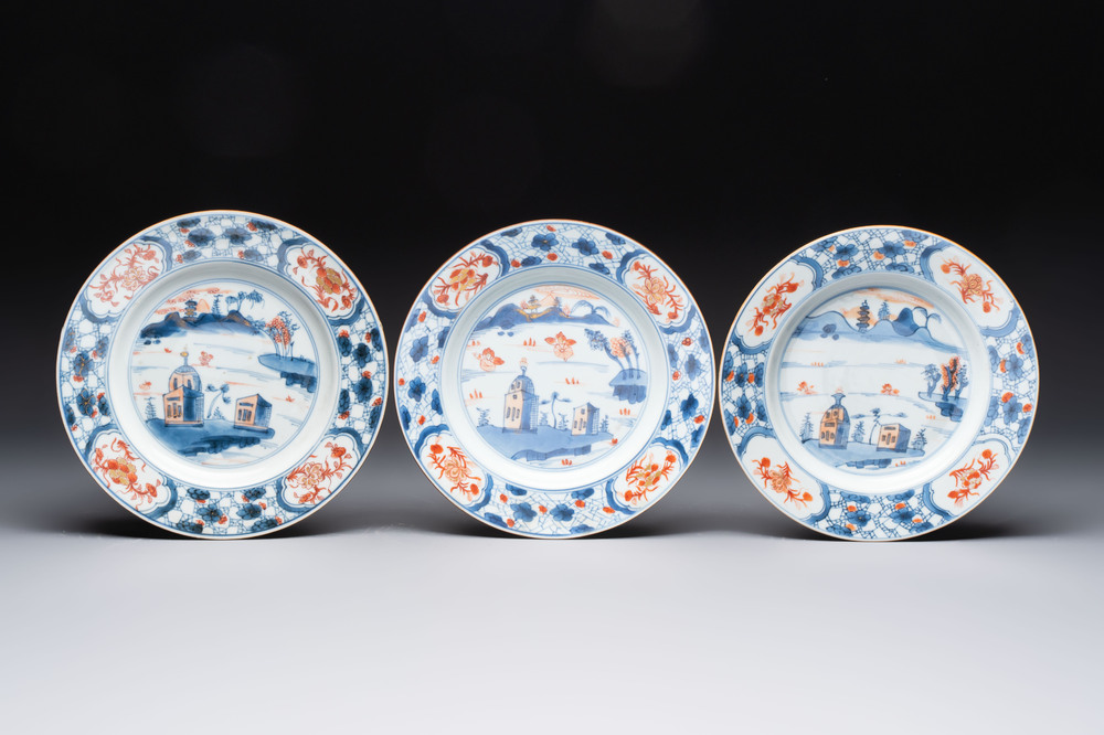 Three Chinese Imari-style plates with Western landscapes, Kangxi