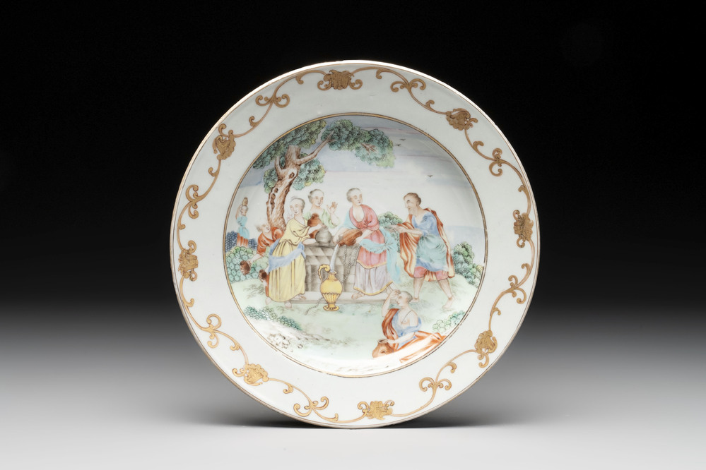 A Chinese famille rose 'Rebecca at the well' plate, Qianlong, ca. 1750