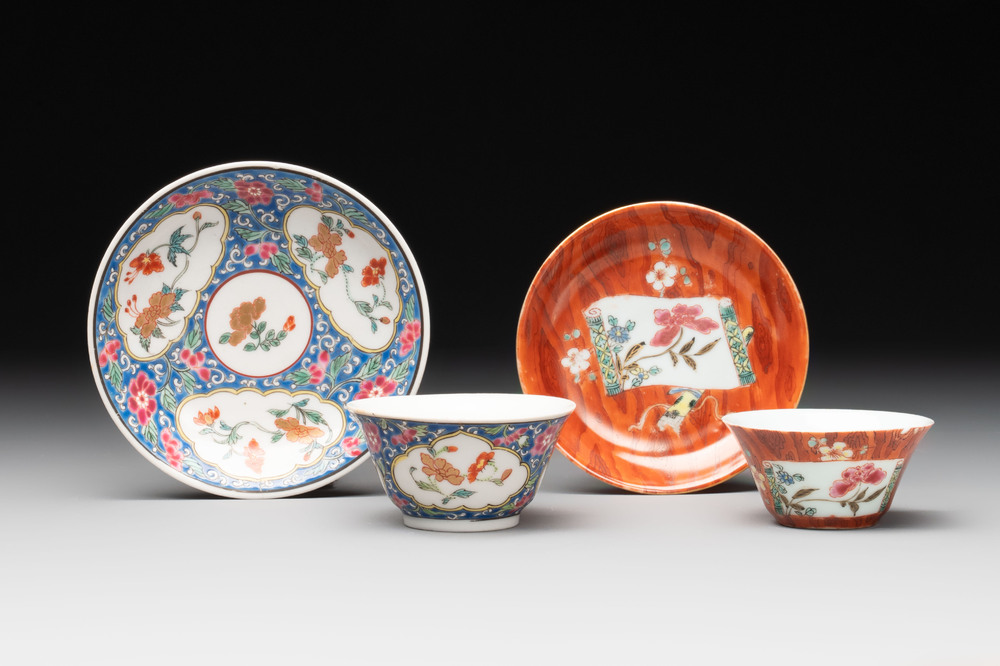 A Chinese famille rose blue-ground cup and saucer, and a 'faux-bois' cup and saucer, Yongzheng/Qianlong