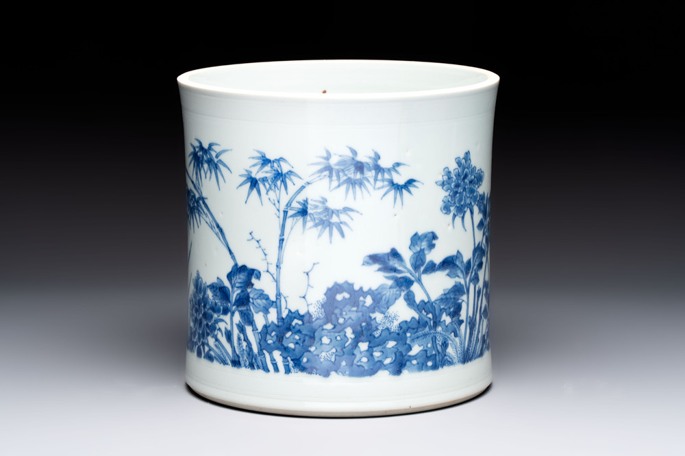 A large Chinese blue and white 'birds, bamboo and flowers' brush pot, Transitional period
