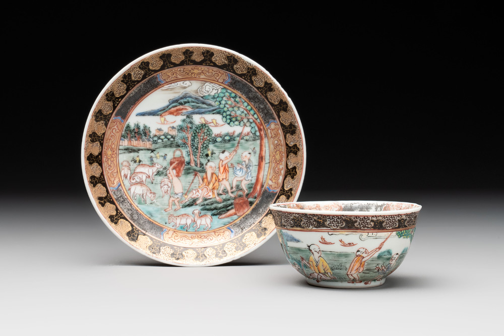 A fine Chinese famille rose 'apple pickers' cup and saucer, Yongzheng