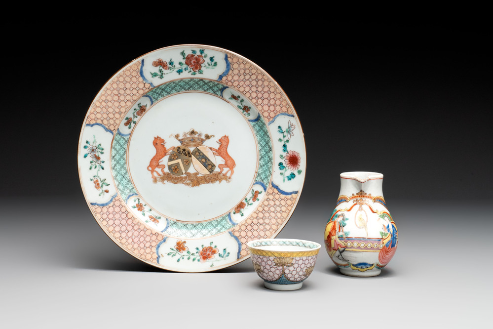 A Chinese famille rose armorial plate, a cup and a 'European subject' milk jug, Yongzheng/Qianlong