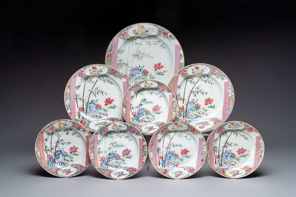 A set of five Chinese famille rose 'floral scroll painting' plates and three dishes, Qianlong