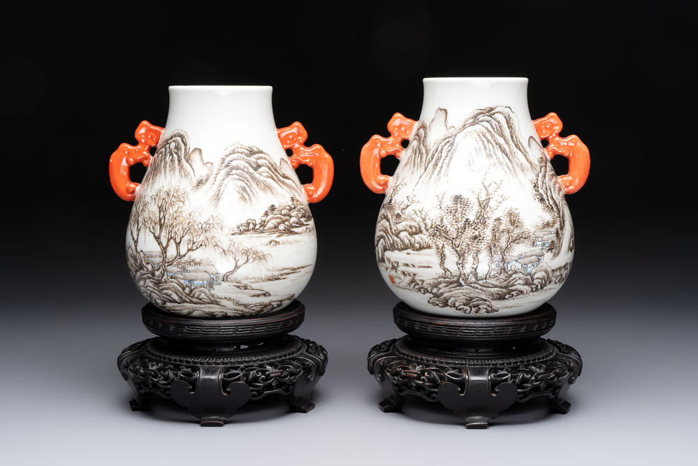 A pair of small Chinese grisaille 'hu' vases with winter landscapes, Qianlong and Tangying marks, Republic
