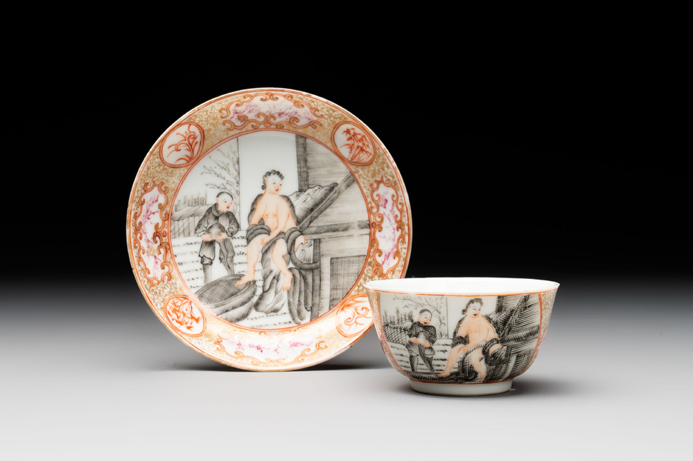 A Chinese gilt-decorated grisaille semi-erotic 'European subject' cup and saucer, Qianlong, ca. 1755