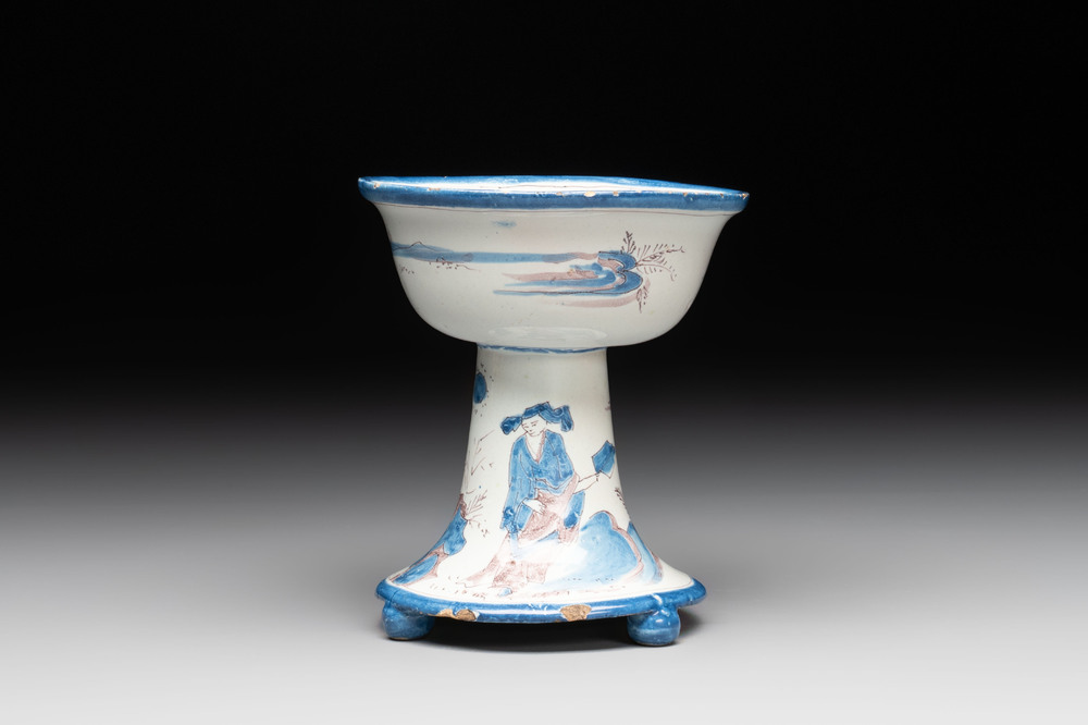 A blue, white and manganese chinoiserie salt, probably Nevers, dated 1732
