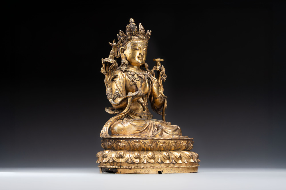 An extremely rare and fine Chinese gilt-bronze Buddha, inscribed 大明正統己未金川比丘昌靜捐資命工造, Zhengtong mark and of the period, dated 1439