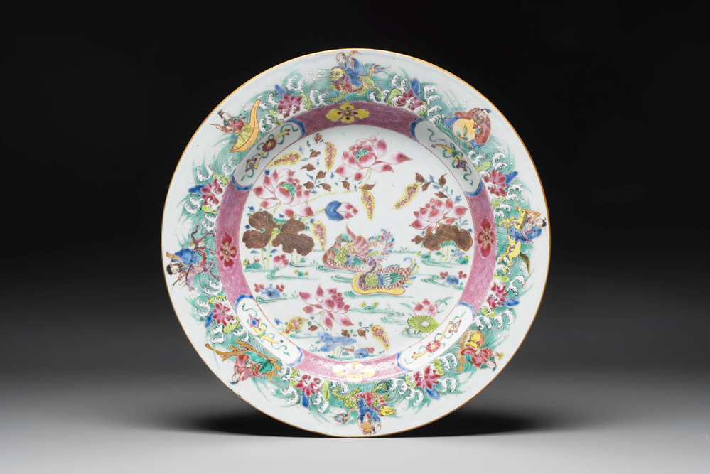 A Chinese famille rose 'mandarin ducks and Eight Immortals' dish, Qianlong