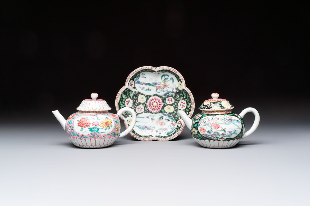 A Chinese famille rose teapot and stand, and a famille rose black-ground teapot, Yongzheng/Qianlong