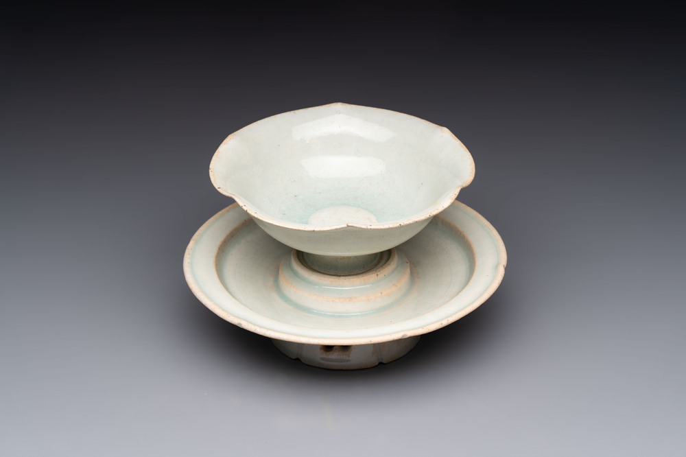A Chinese qingbai lobed cup and stand, Song