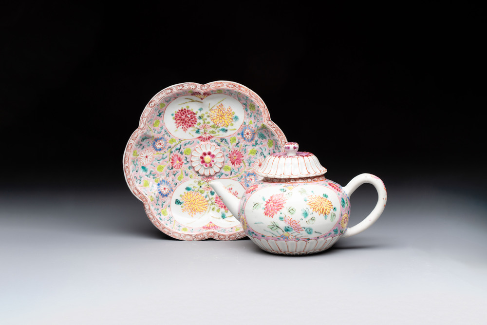 A Chinese famille rose moulded teapot and stand with floral design, Yongzheng/Qianlong