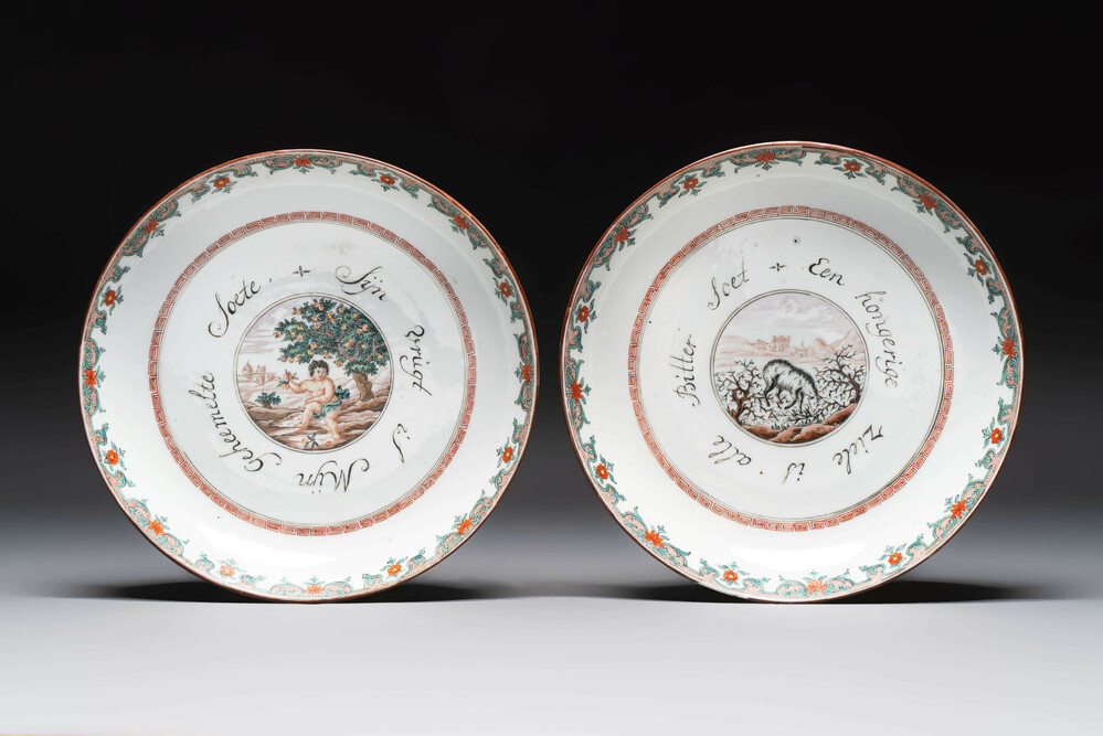 A pair of Chinese Dutch-decorated 'proverb' plates, 18th C.