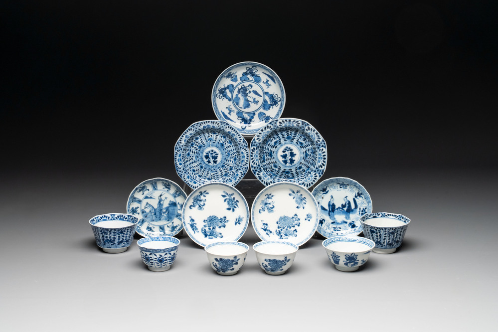 Six Chinese blue and white cups and seven saucers, 18/19th C.