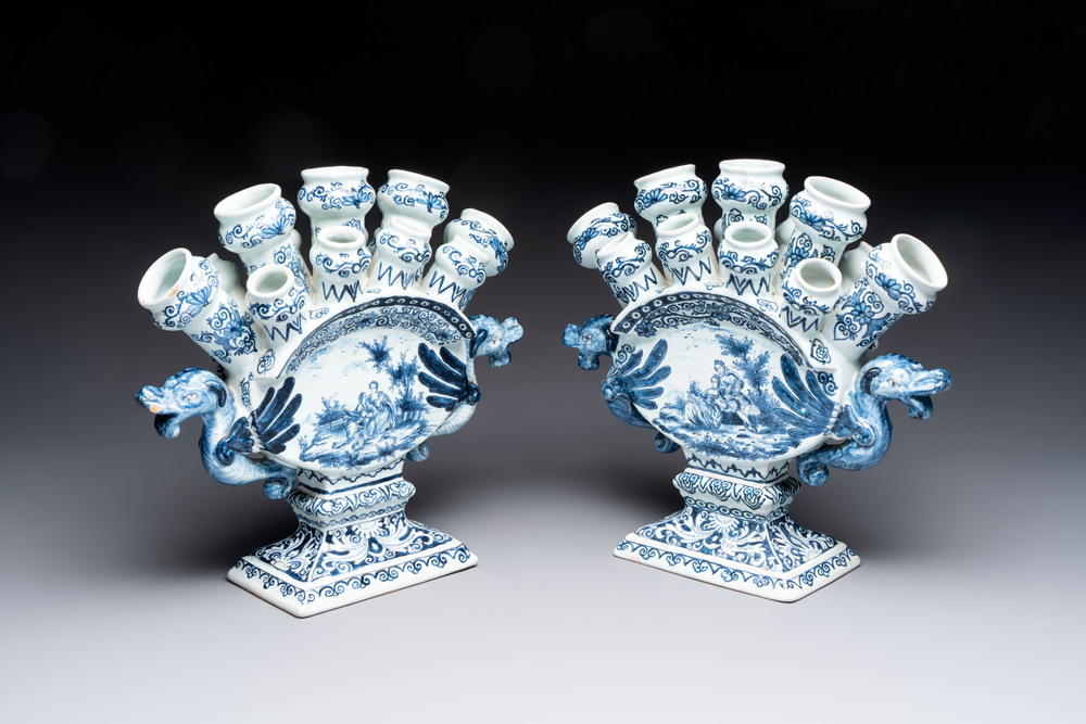 Two blue and white Dutch Delft tulip vases, 19th C.