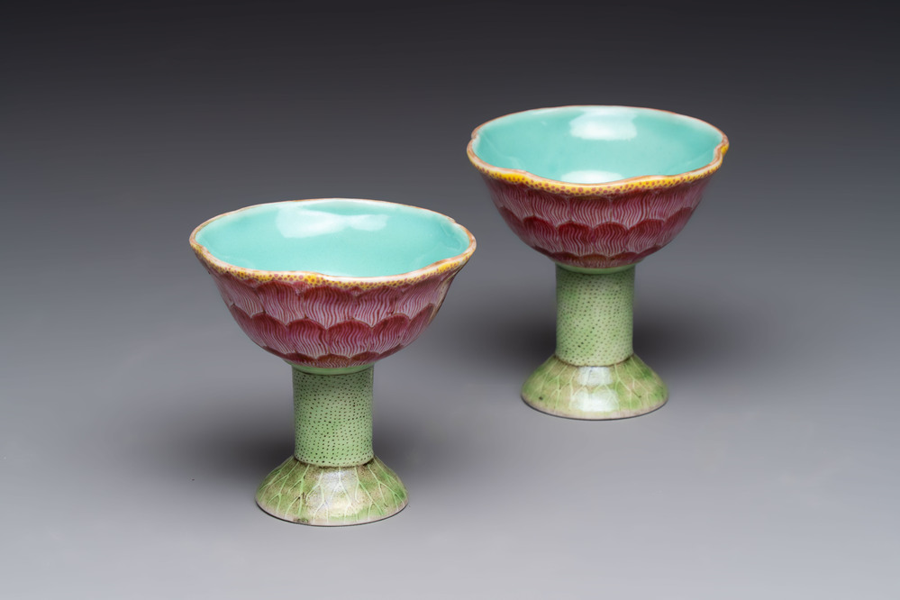 A pair of rare Chinese famille rose lotus-shaped stem cups, Yongzheng