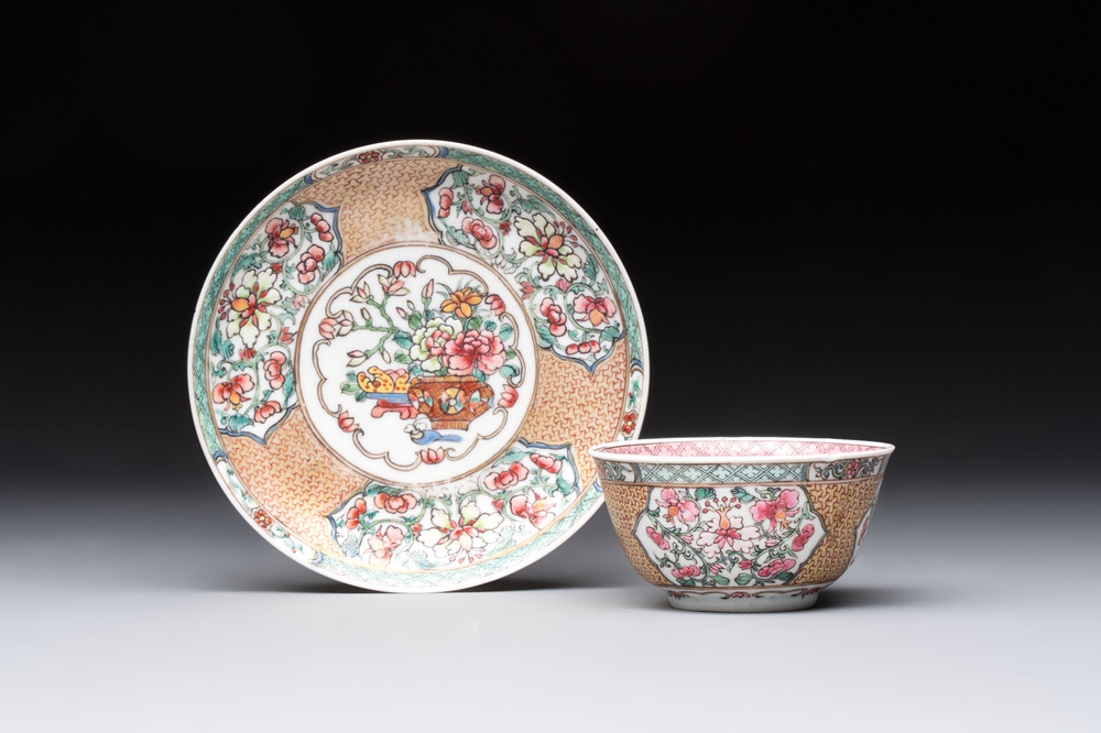 A fine Chinese gilt-decorated famille rose 'flower basket' cup and saucer, Yongzheng