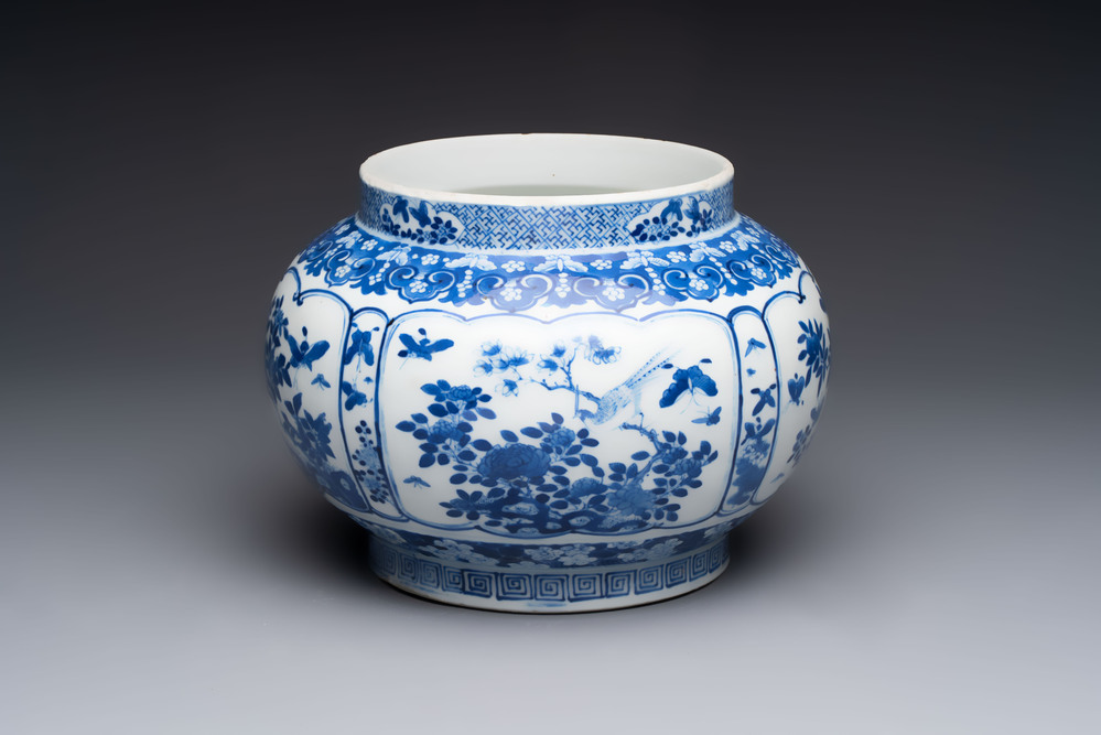 A Chinese blue and white 'birds among flowering branches' vase, Kangxi mark, 19th C.