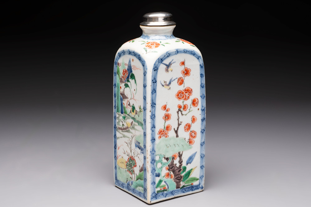 A Chinese famille verte square flask with a silver cover, Kangxi