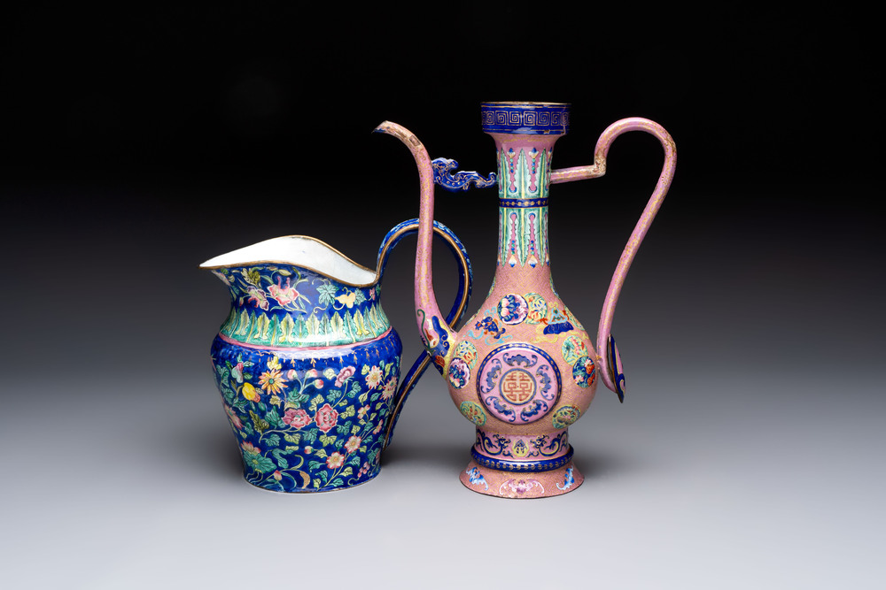 A Chinese Canton enamel blue-ground jug and a rare pink-ground ewer, Qianlong/Jiaqing