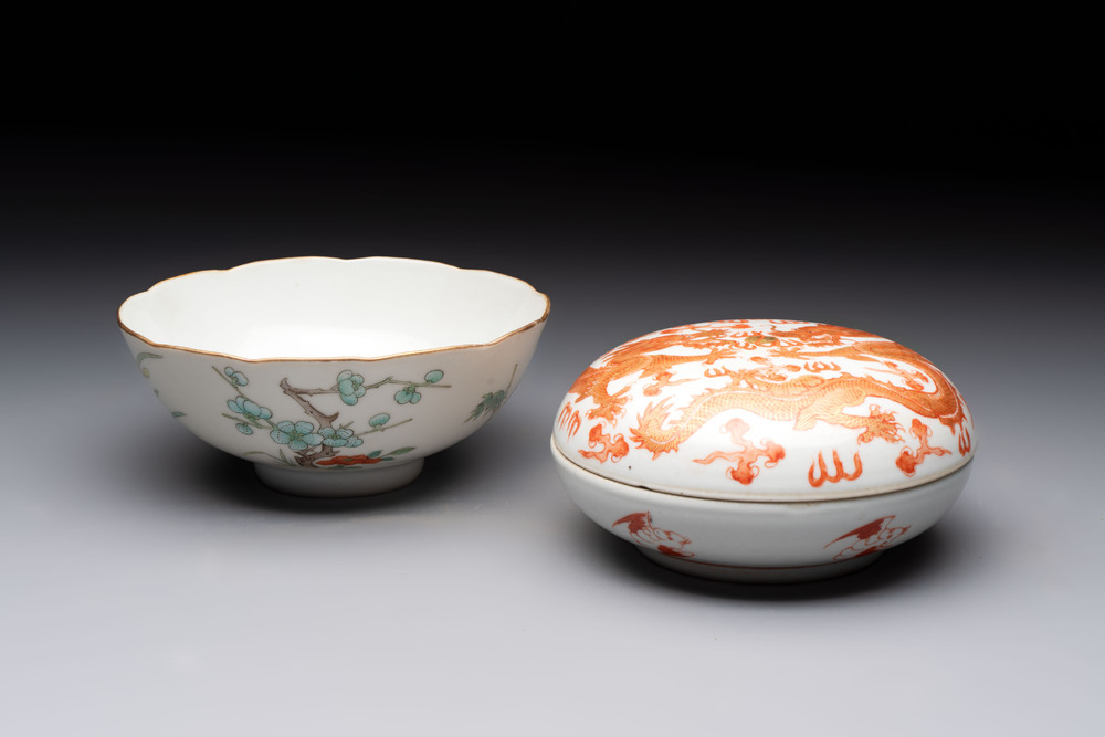 A Chinese gilt and iron-red-decorated 'dragon' covered ink paste box and a famille rose bowl, 19/20th C.