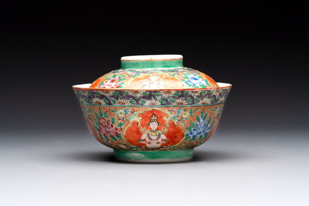A rare Chinese polychrome orange-ground Bencharong 'Thepphanom' bowl and cover for the Thai market, 19th C.