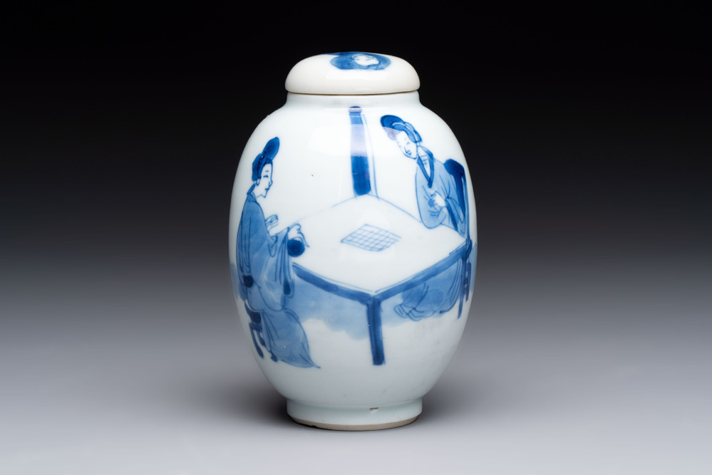 A Chinese blue and white 'ladies playing go' tea caddy and cover, Kangxi
