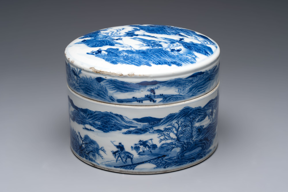 A rare Chinese blue and white cylindrical box and cover for the Thai or Vietnamese market, Jin Tang Fa Ji 錦堂發記 mark, Daoguang