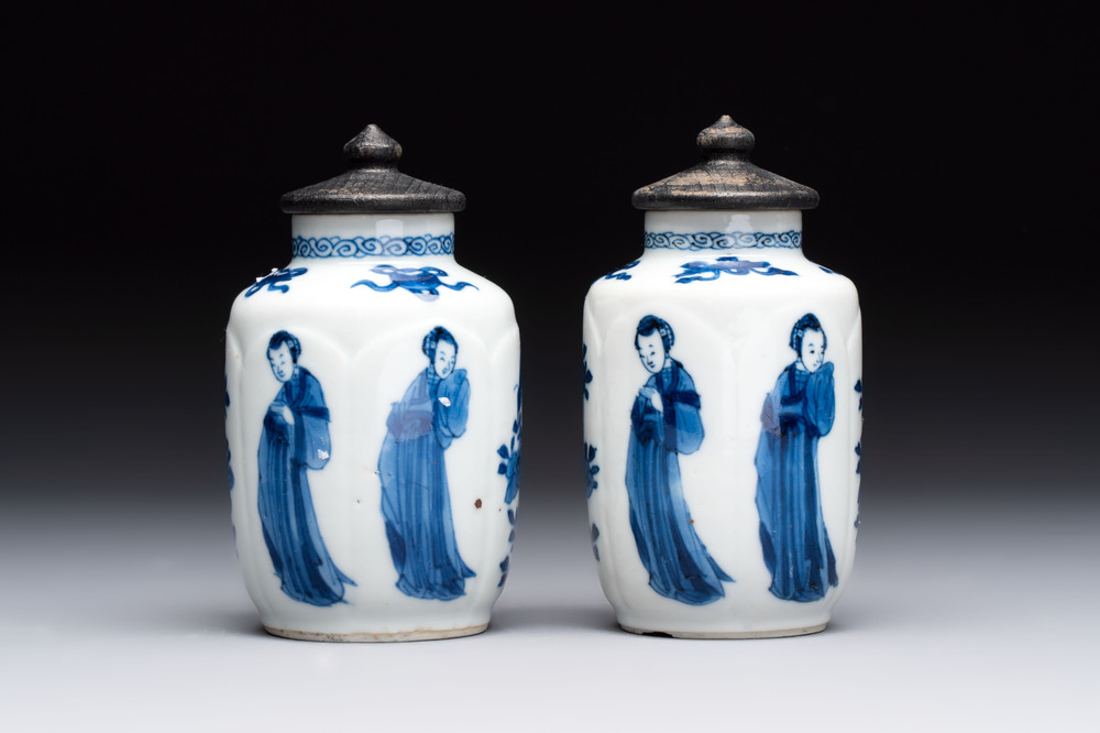 A pair of Chinese blue and white 'Long Eliza' miniature vases and wooden covers, Kangxi